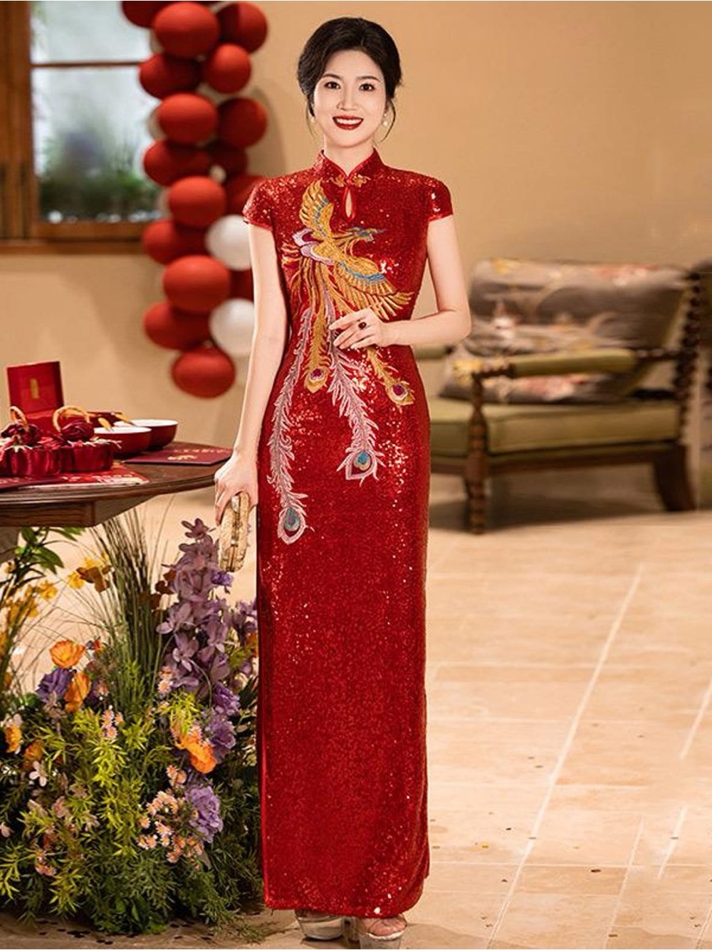 Sequin Red Phoenix Qipao Cheongsam